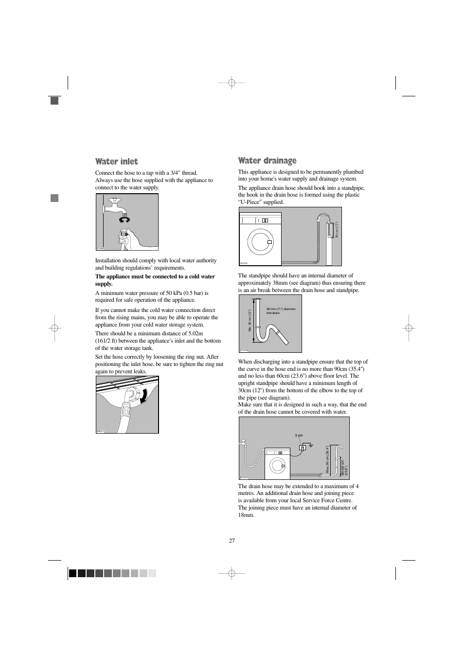 Water drainage, Water inlet | Electrolux EW 1209 I User Manual | Page 27 / 32