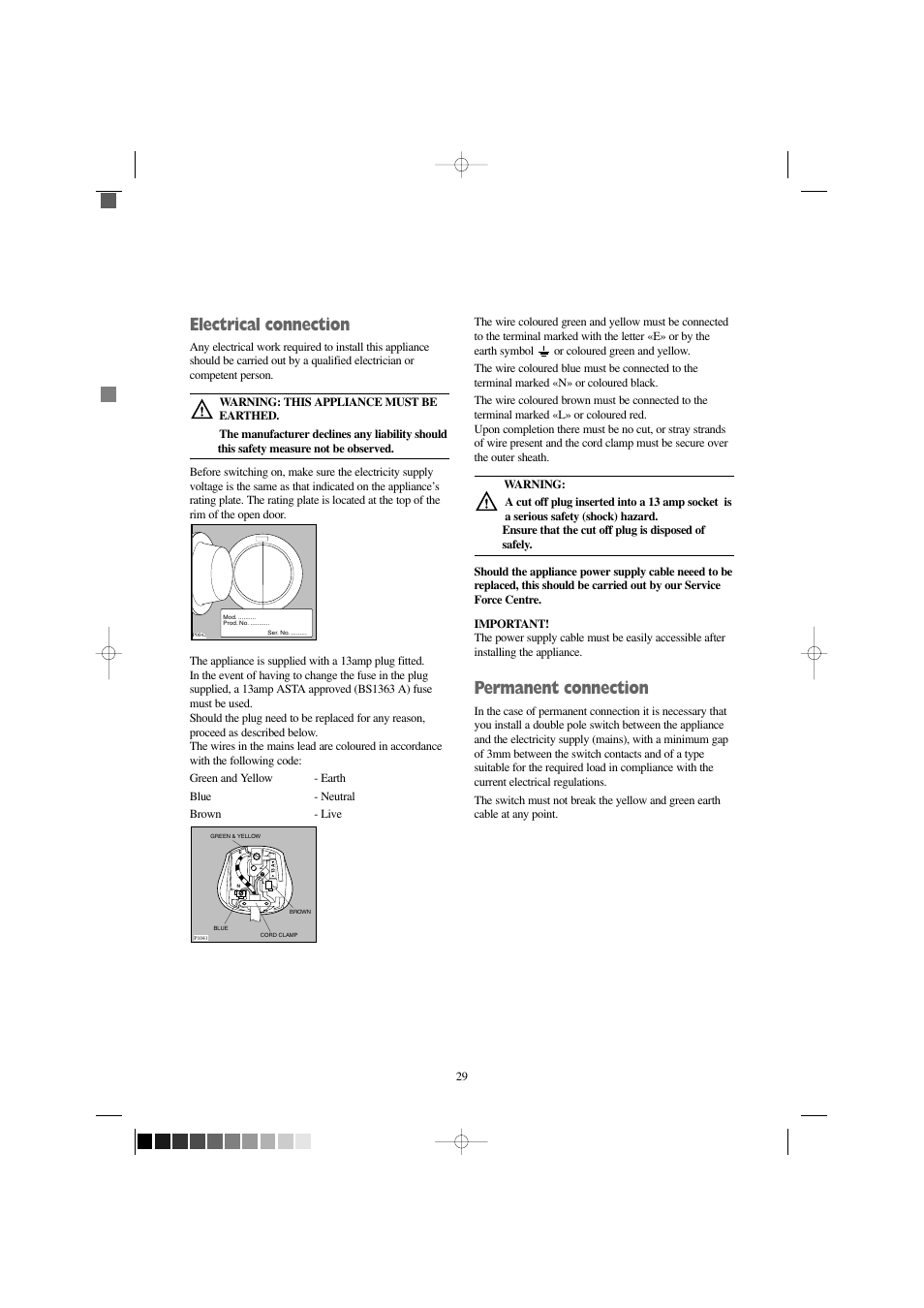 Electrical connection, Permanent connection, Mod. .......... prod. no. ........... ser. no | Electrolux EW 1209 I User Manual | Page 29 / 32