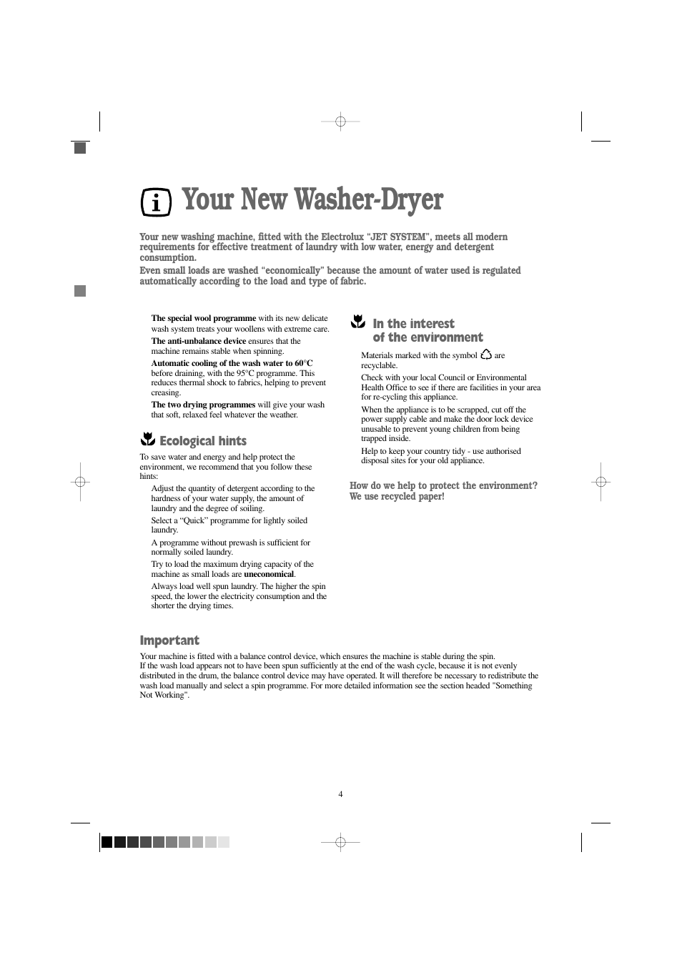 Your new washer-dryer, Ecological hints, Important | Electrolux EW 1209 I User Manual | Page 4 / 32