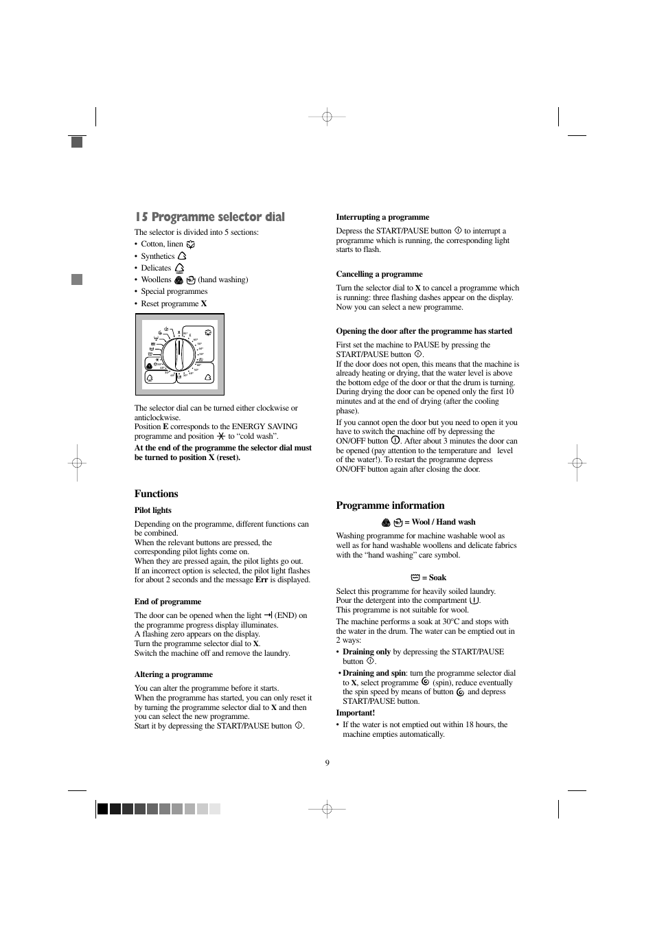 15 programme selector dial, Functions, Programme information | Electrolux EW 1209 I User Manual | Page 9 / 32