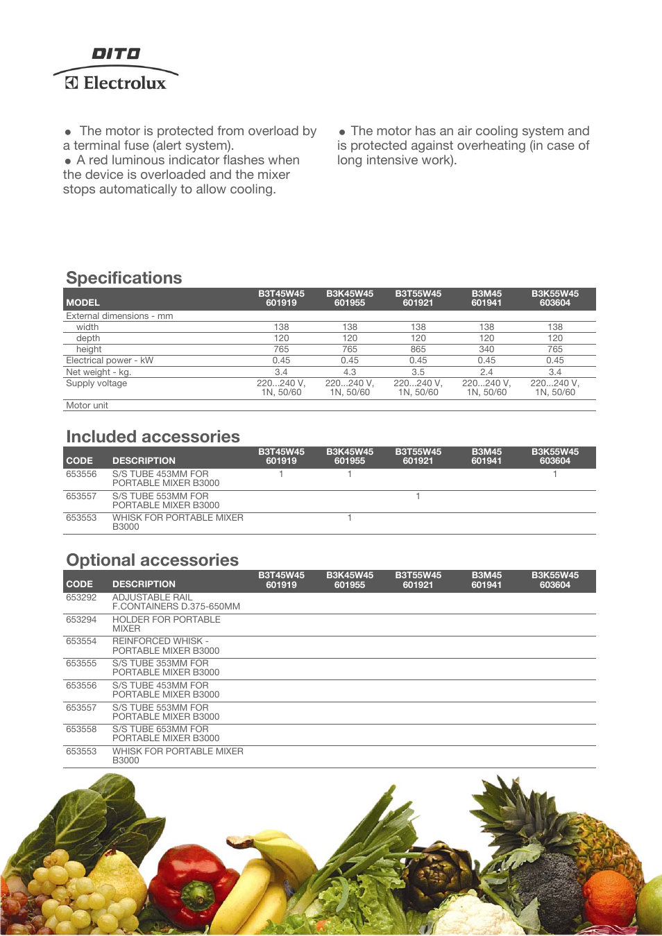 Specifications, Included accessories, Optional accessories | Electrolux B3000 450 W User Manual | Page 2 / 4