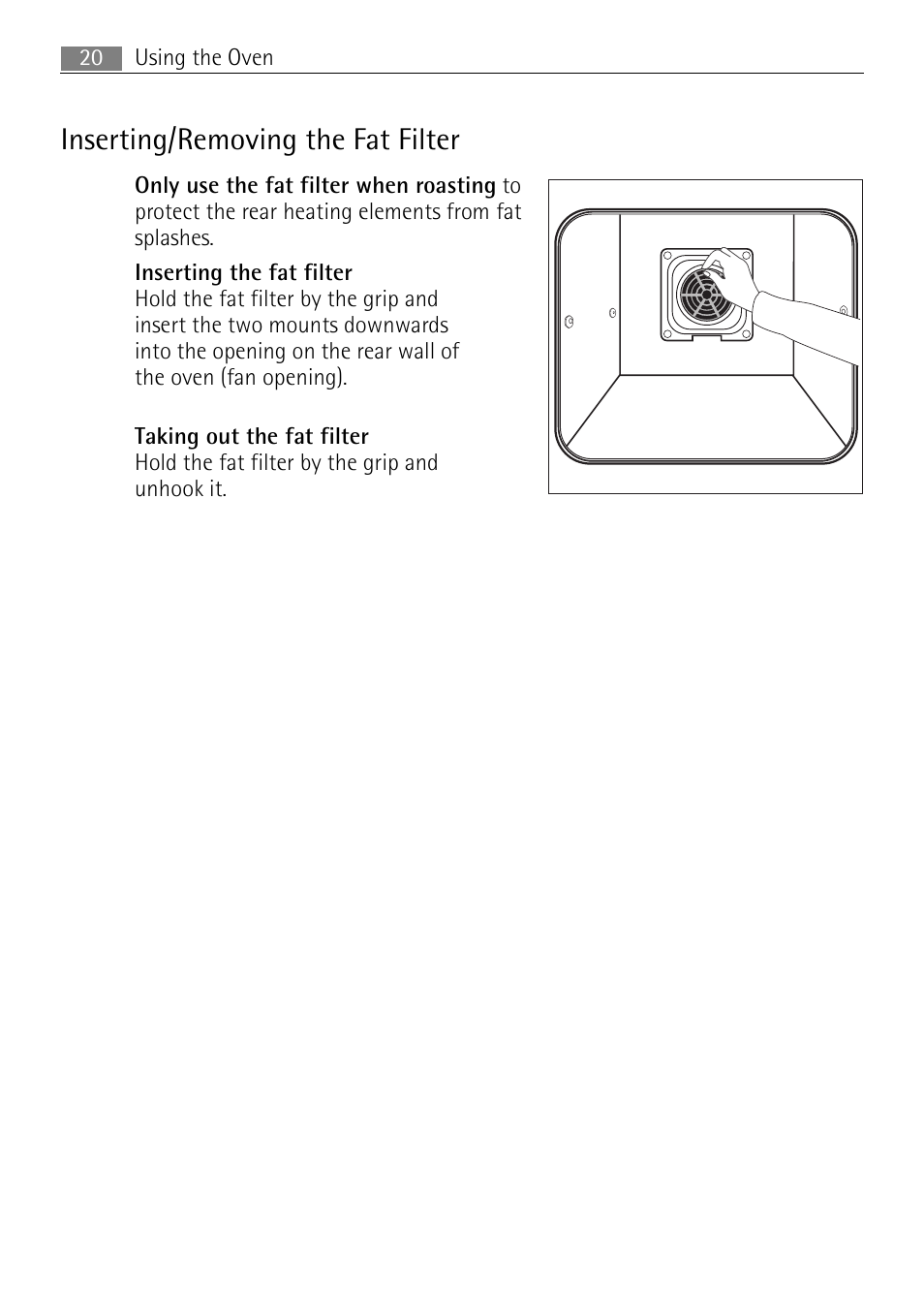 Inserting/removing the fat filter | Electrolux B8831-5 User Manual | Page 20 / 76