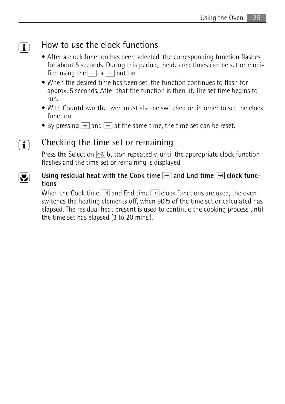 How to use the clock functions, Checking the time set or remaining | Electrolux B8831-5 User Manual | Page 25 / 76