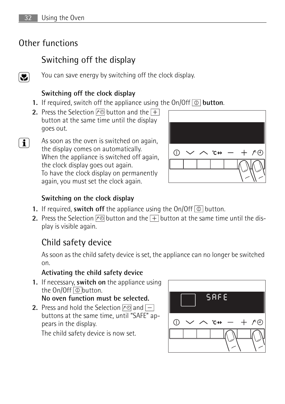 Other functions switching off the display, Child safety device | Electrolux B8831-5 User Manual | Page 32 / 76