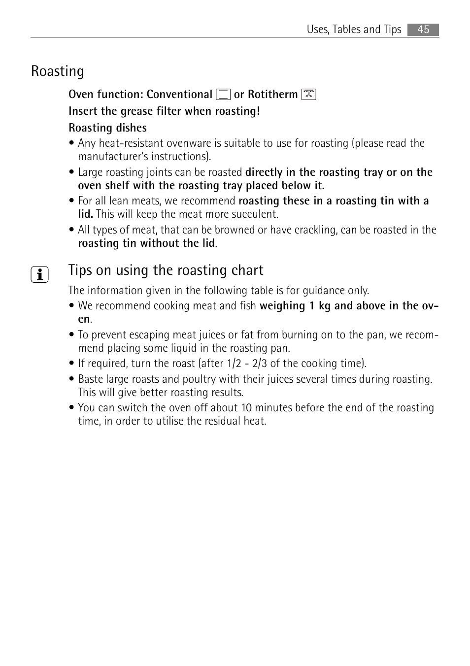 Roasting, Tips on using the roasting chart | Electrolux B8831-5 User Manual | Page 45 / 76