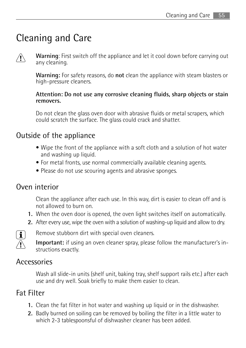 Cleaning and care 1, Outside of the appliance, Oven interior | Accessories, Fat filter | Electrolux B8831-5 User Manual | Page 55 / 76