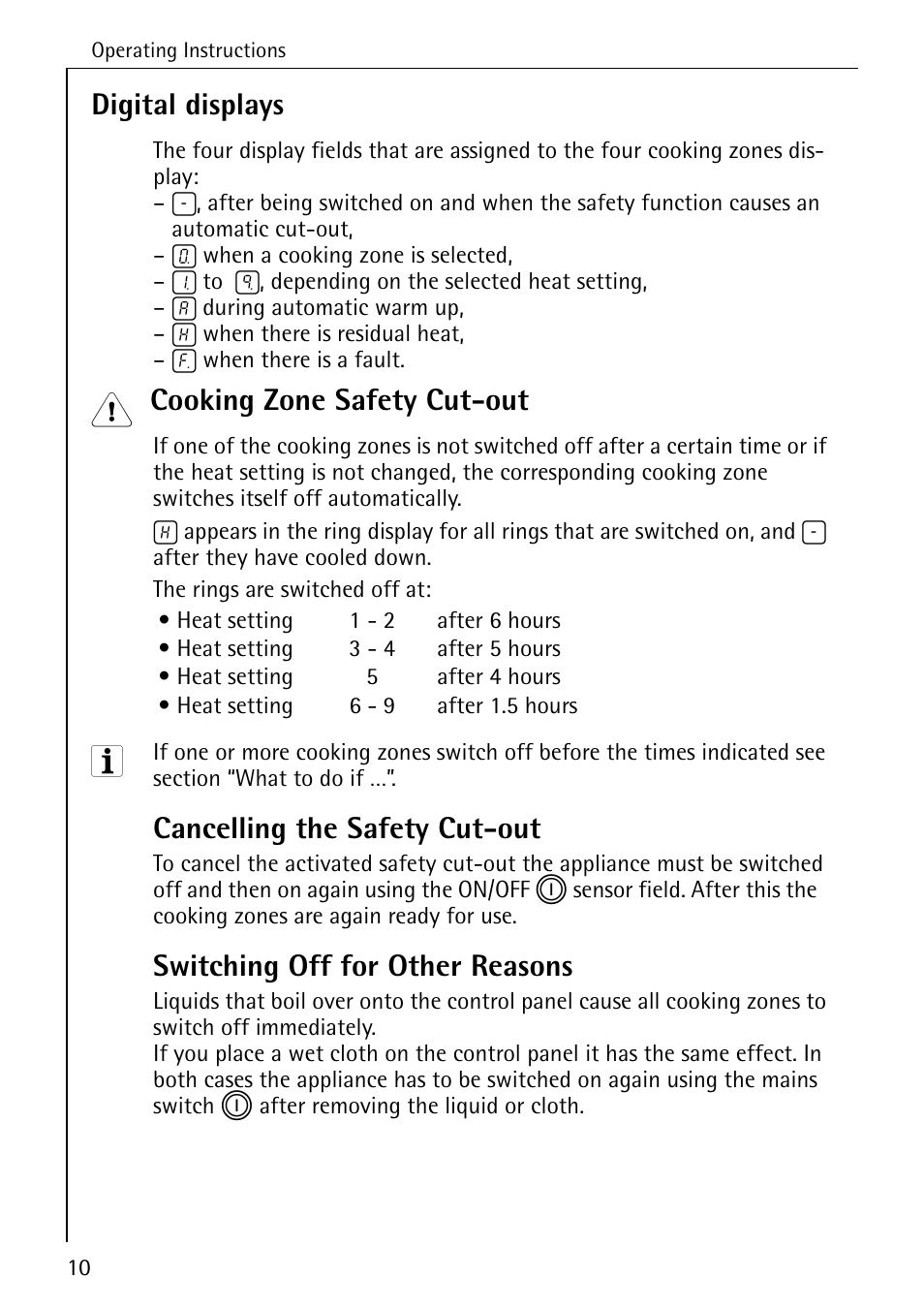 Digital displays, Cooking zone safety cut-out, Cancelling the safety cut-out | Switching off for other reasons | Electrolux C65030K User Manual | Page 10 / 40