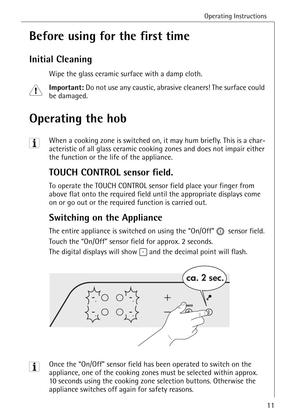 Before using for the first time, Operating the hob | Electrolux C65030K User Manual | Page 11 / 40