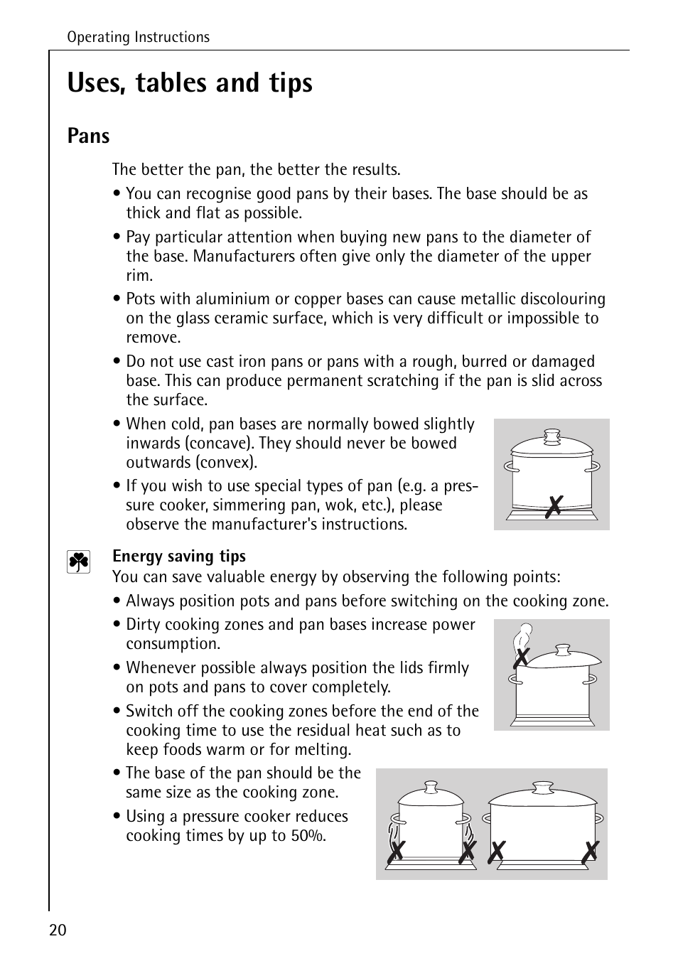 Uses, tables and tips, Pans | Electrolux C65030K User Manual | Page 20 / 40