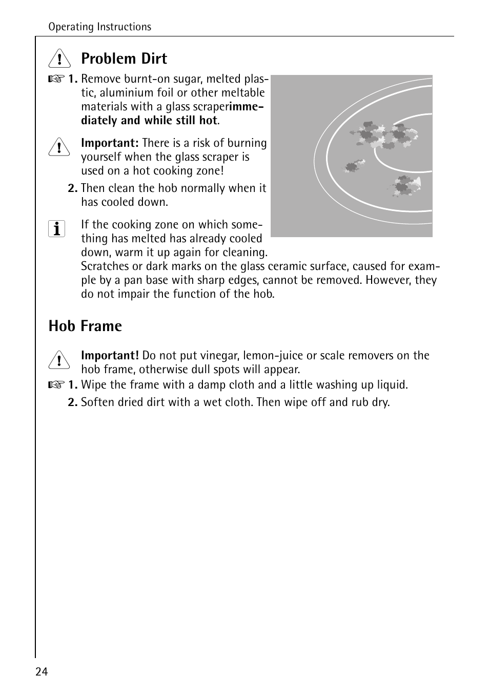 Problem dirt, Hob frame | Electrolux C65030K User Manual | Page 24 / 40