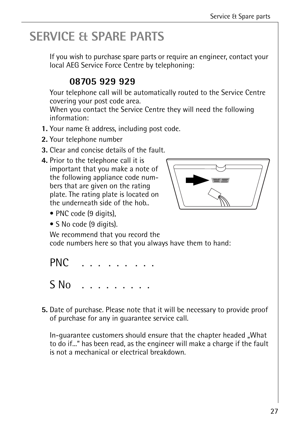 Service & spare parts, Pnc . . . . . . . . . s no | Electrolux C65030K User Manual | Page 27 / 40