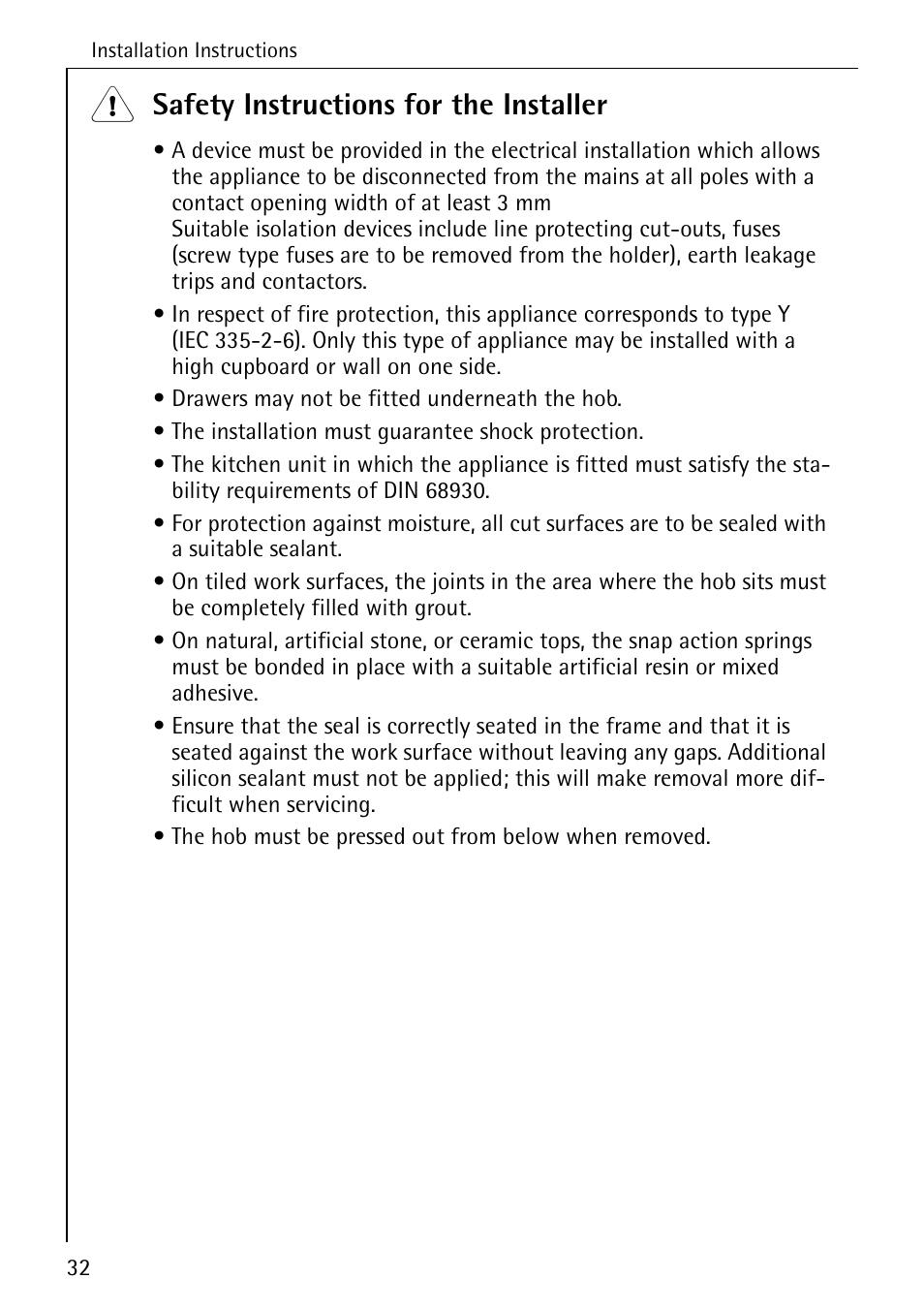 Safety instructions for the installer | Electrolux C65030K User Manual | Page 32 / 40