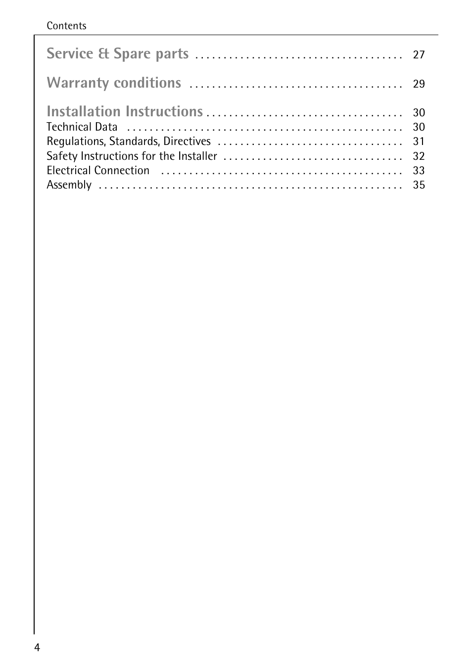 Service & spare parts, Warranty conditions, Installation instructions | Electrolux C65030K User Manual | Page 4 / 40