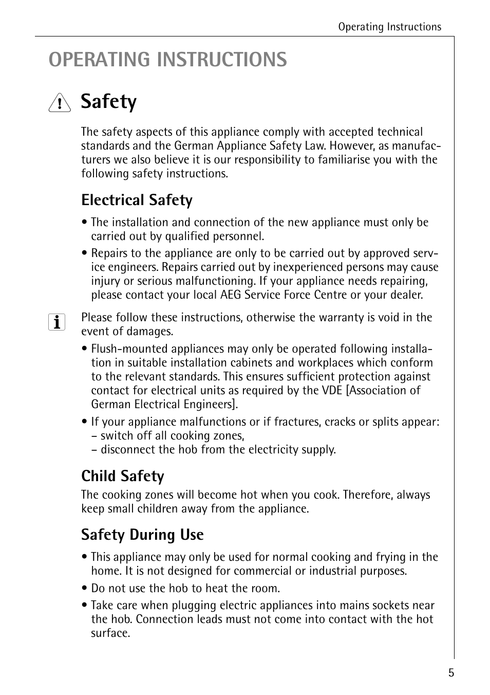 Operating instructions, Safety, Electrical safety | Child safety, Safety during use | Electrolux C65030K User Manual | Page 5 / 40