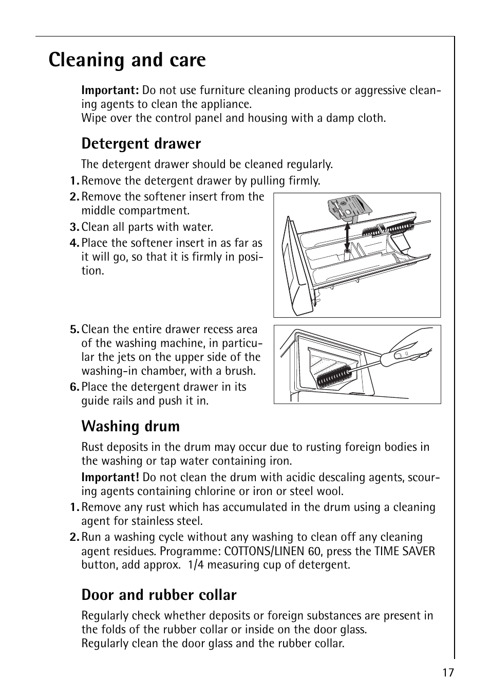Cleaning and care, Detergent drawer, Washing drum | Door and rubber collar | Electrolux LAVAMAT 64600 User Manual | Page 17 / 36