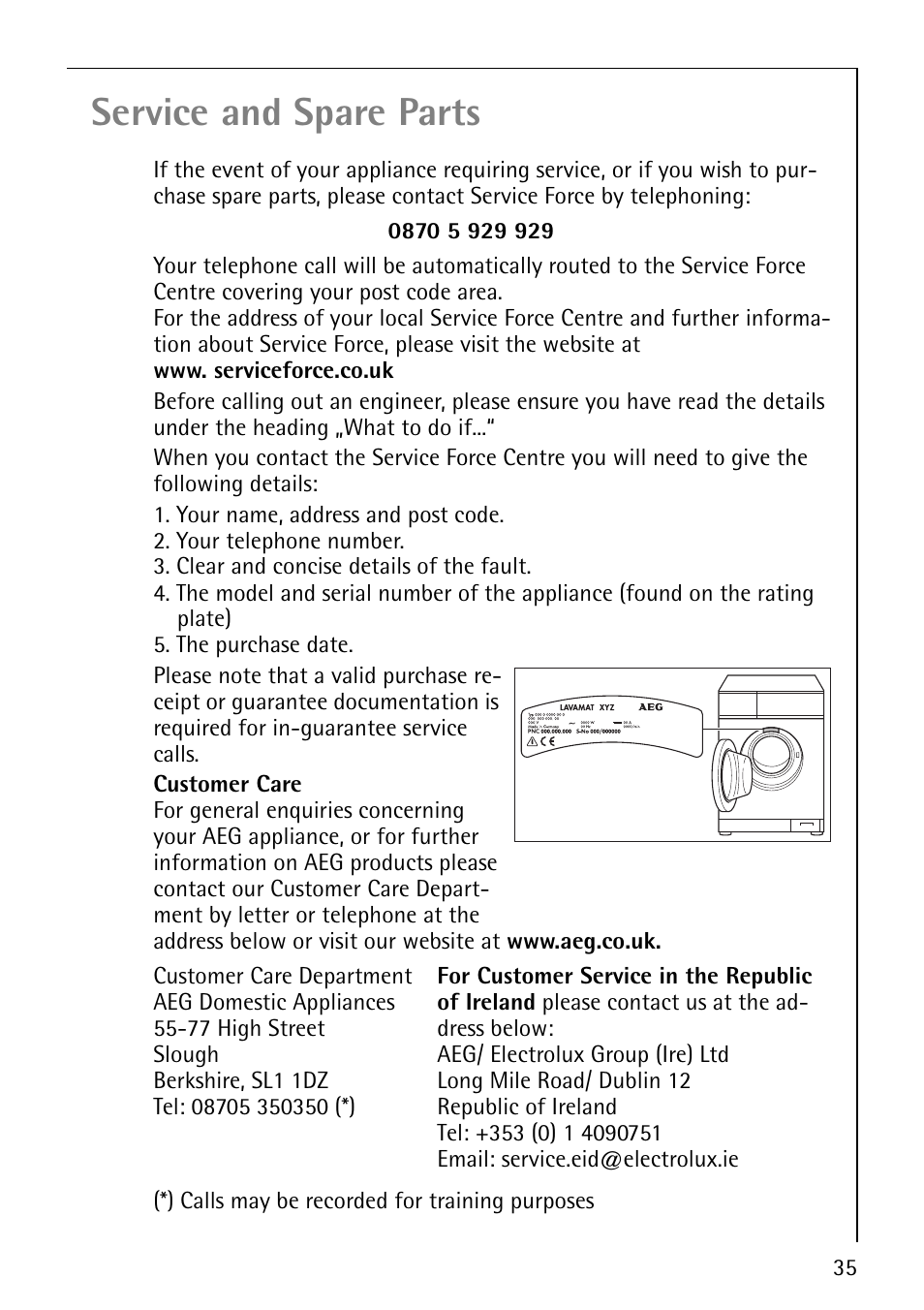 Service and spare parts | Electrolux LAVAMAT 64600 User Manual | Page 35 / 36