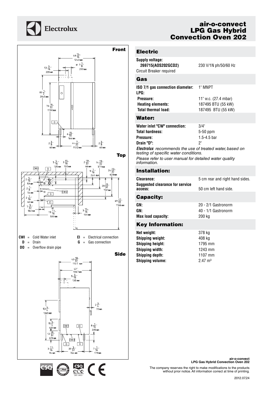 Air-o-convect lpg gas hybrid convection oven 202 | Electrolux LPH Gas Hybrid Convection Oven 202 User Manual | Page 2 / 3