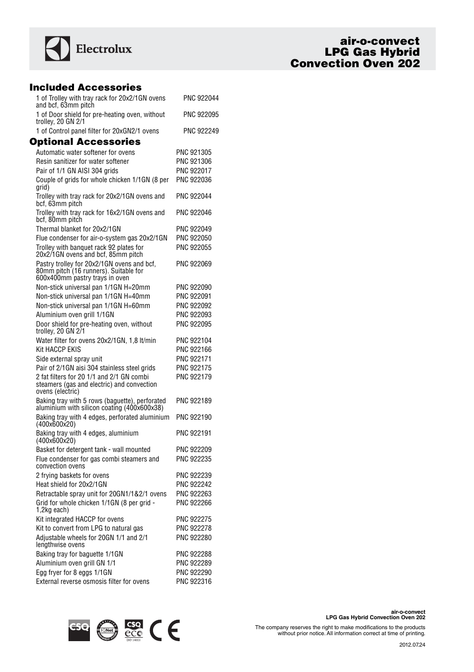 Air-o-convect lpg gas hybrid convection oven 202, Included accessories, Optional accessories | Electrolux LPH Gas Hybrid Convection Oven 202 User Manual | Page 3 / 3
