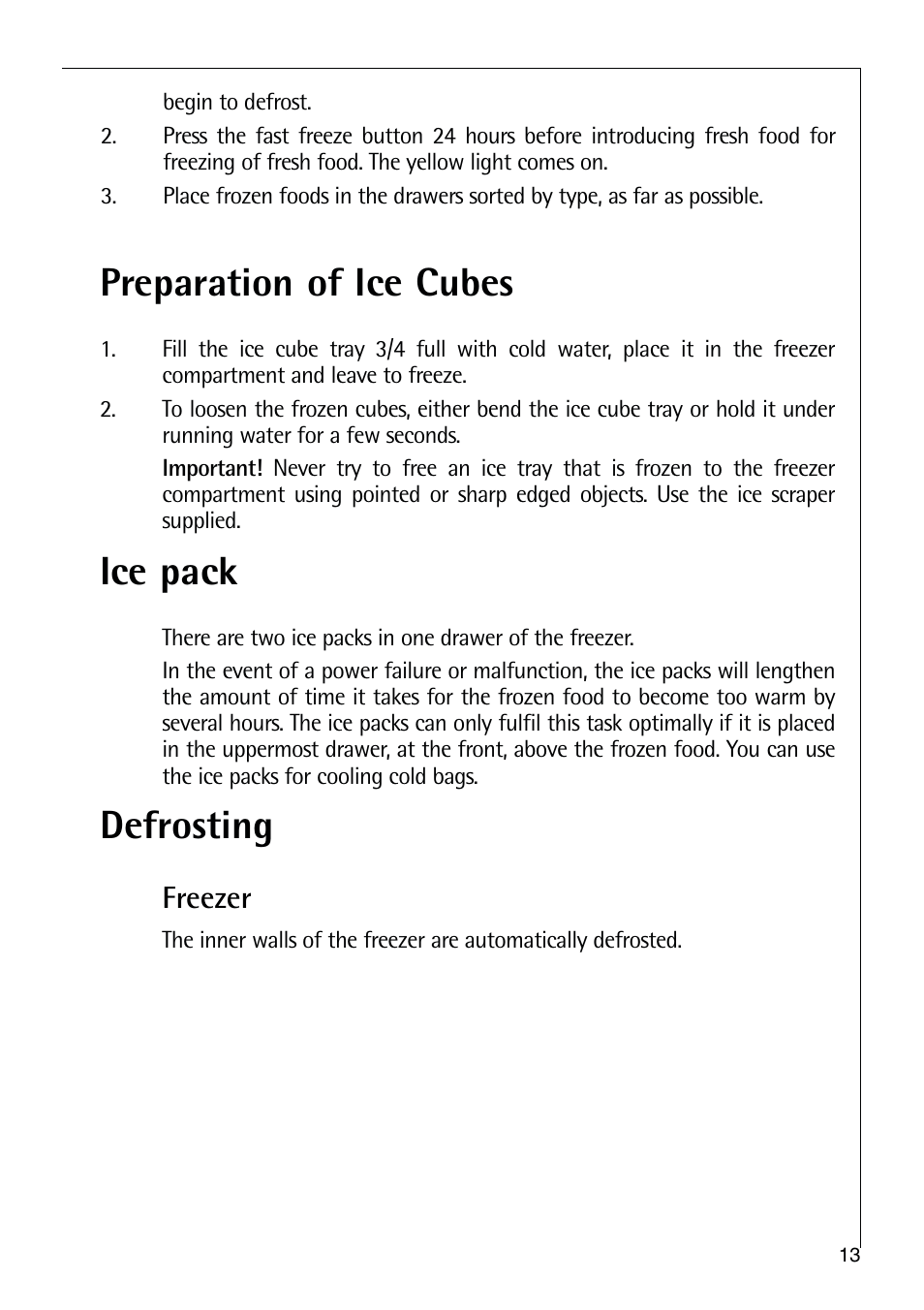 Preparation of ice cubes, Ice pack, Defrosting | Freezer | Electrolux ARCTIS 75270 GA User Manual | Page 13 / 24
