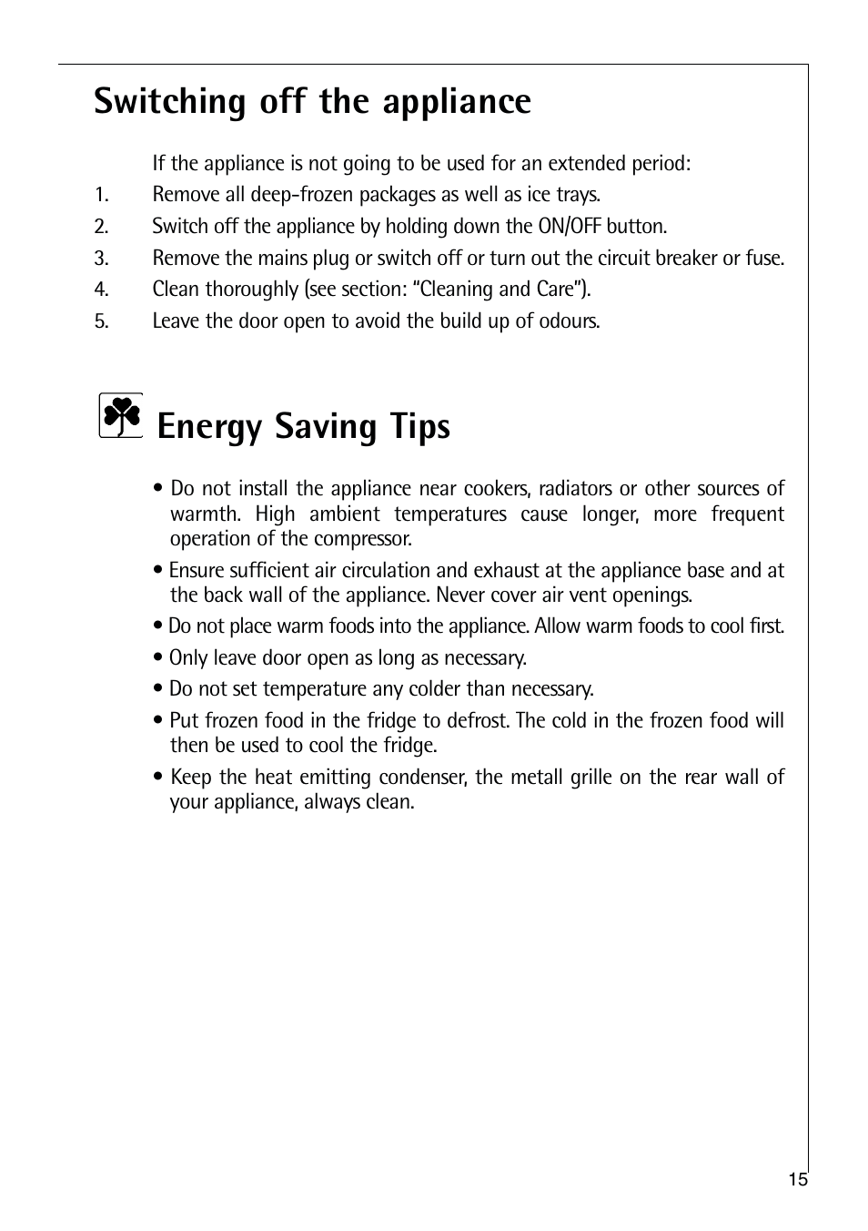 Switching off the appliance, Energy saving tips | Electrolux ARCTIS 75270 GA User Manual | Page 15 / 24