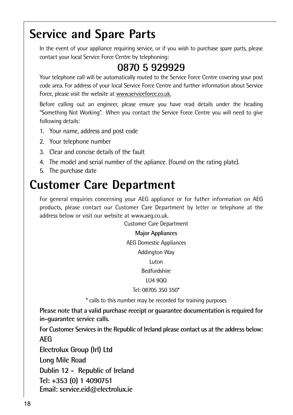 Service and spare parts, Customer care department | Electrolux ARCTIS 75270 GA User Manual | Page 18 / 24