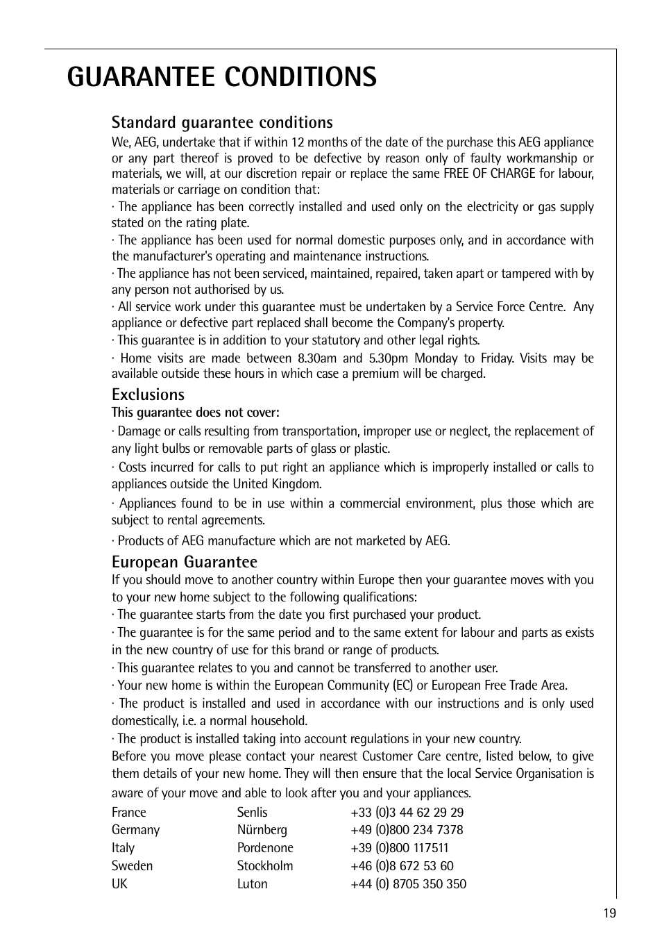 Guarantee conditions | Electrolux ARCTIS 75270 GA User Manual | Page 19 / 24