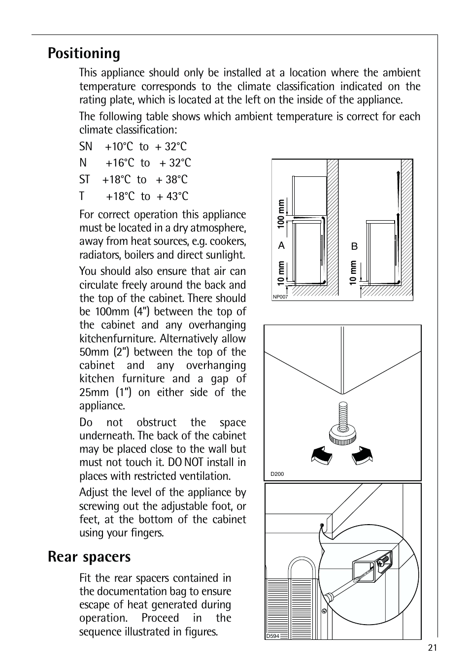 Positioning, Rear spacers | Electrolux ARCTIS 75270 GA User Manual | Page 21 / 24
