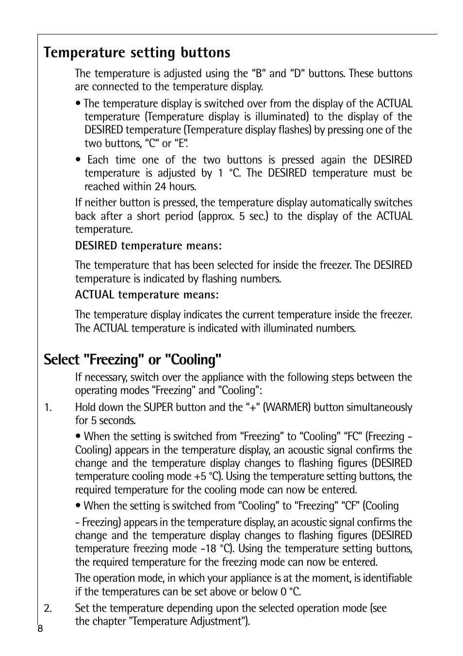 Temperature setting buttons, Select "freezing" or "cooling | Electrolux ARCTIS 75270 GA User Manual | Page 8 / 24
