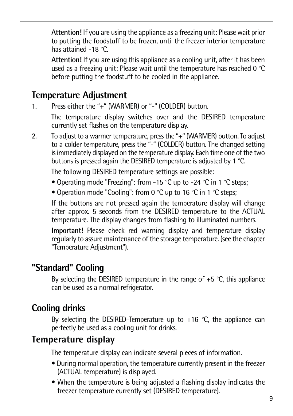 Temperature adjustment, Standard" cooling, Cooling drinks | Temperature display | Electrolux ARCTIS 75270 GA User Manual | Page 9 / 24