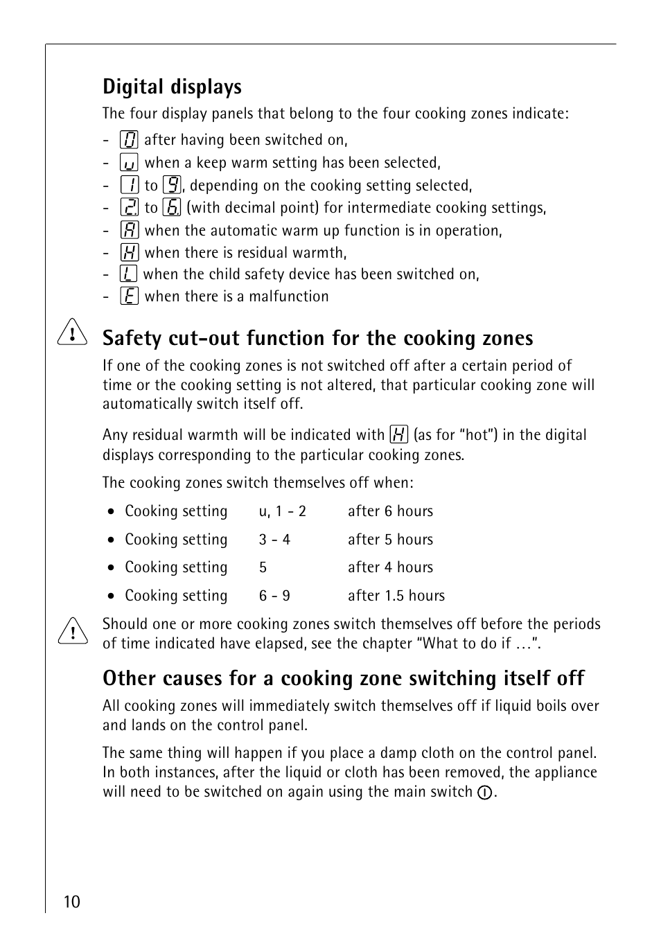 Digital displays, Safety cut−out function for the cooking zones | Electrolux 66300KF-an User Manual | Page 10 / 40