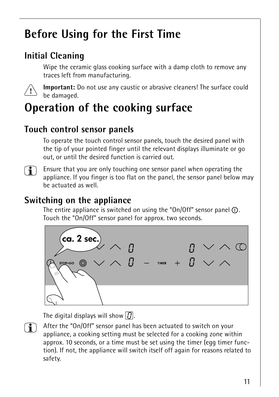 Before using for the first time, Operation of the cooking surface, Initial cleaning | Touch control sensor panels, Switching on the appliance | Electrolux 66300KF-an User Manual | Page 11 / 40