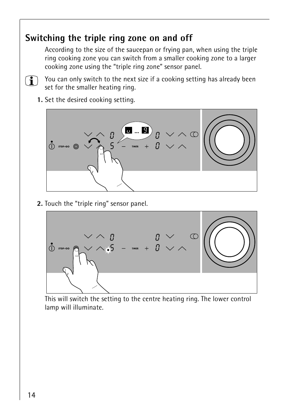 Switching the triple ring zone on and off | Electrolux 66300KF-an User Manual | Page 14 / 40