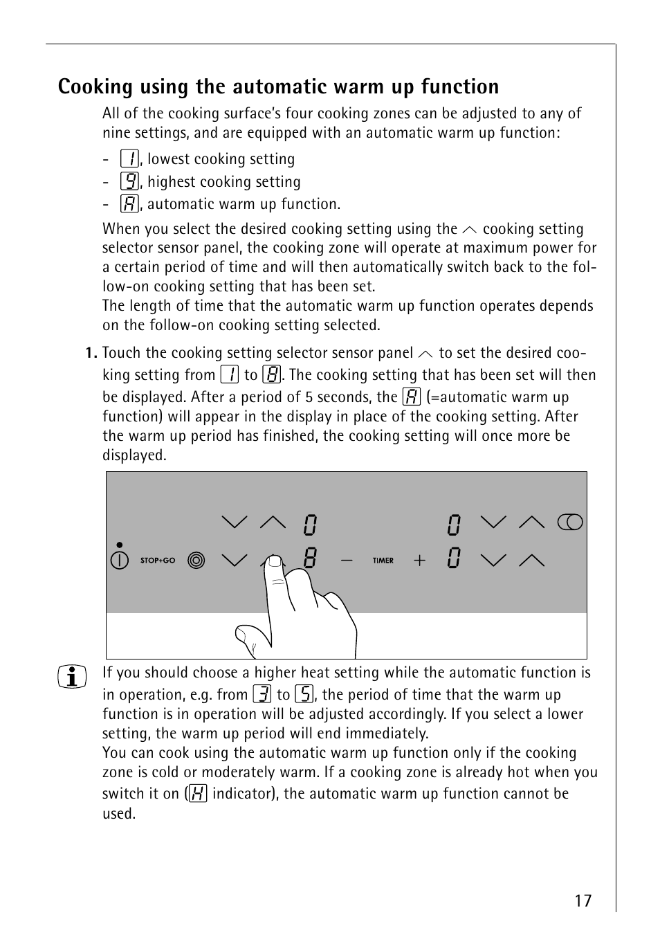 Cooking using the automatic warm up function | Electrolux 66300KF-an User Manual | Page 17 / 40