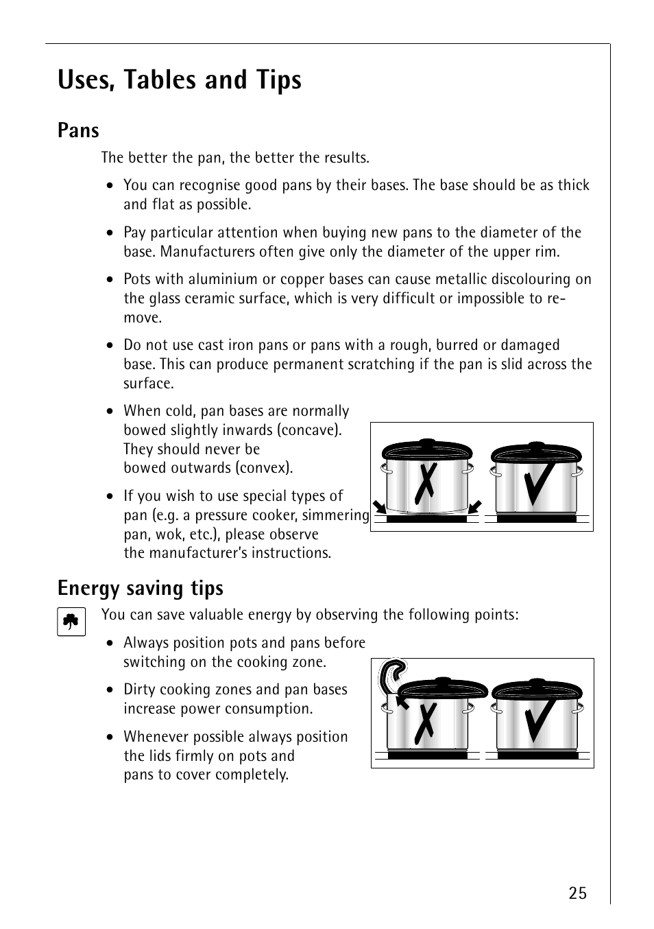 Uses, tables and tips, Pans, Energy saving tips | Electrolux 66300KF-an User Manual | Page 25 / 40