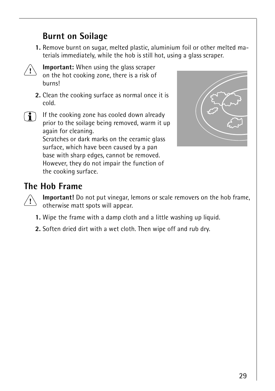 Burnt on soilage, The hob frame | Electrolux 66300KF-an User Manual | Page 29 / 40