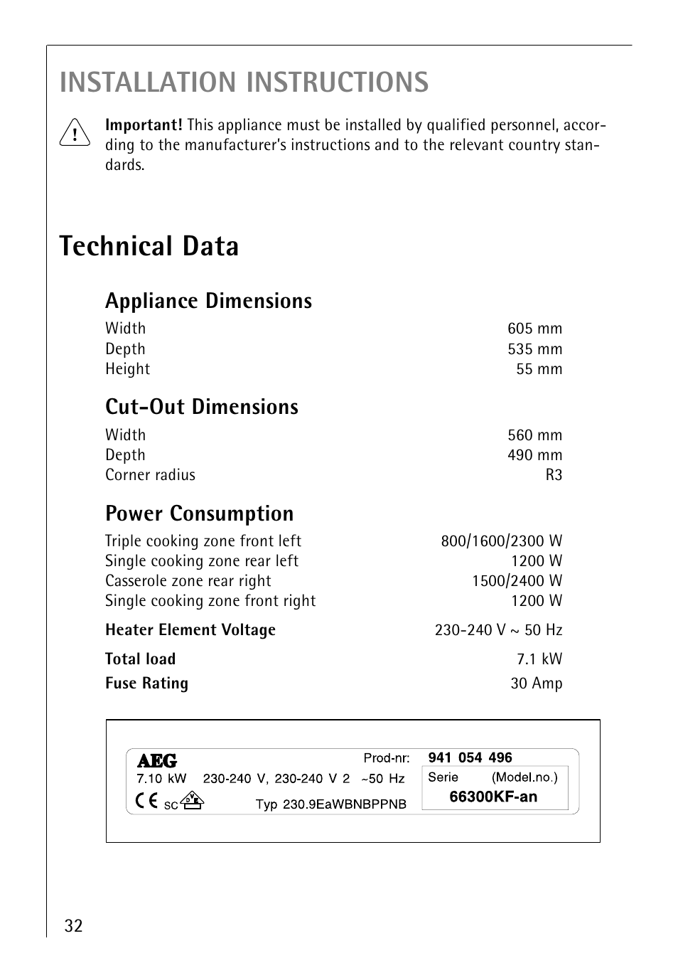 Installation instructions, Technical data, Appliance dimensions | Cut−out dimensions, Power consumption | Electrolux 66300KF-an User Manual | Page 32 / 40