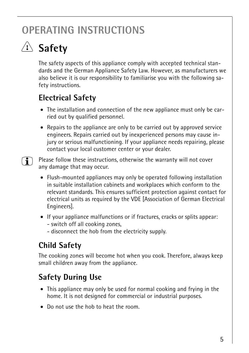 Operating instructions safety, Electrical safety, Child safety | Safety during use | Electrolux 66300KF-an User Manual | Page 5 / 40