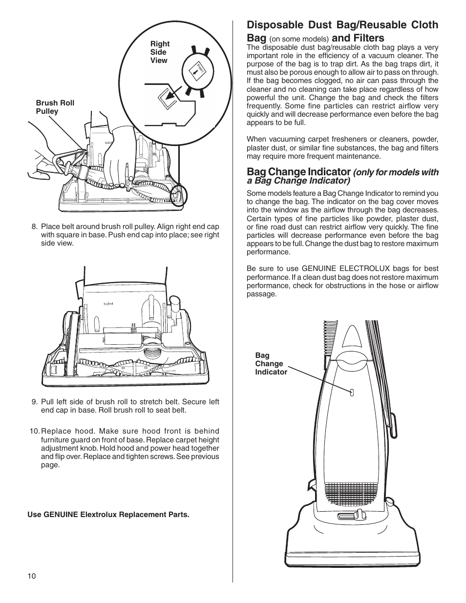 Disposable dust bag/reusable cloth bag, And filters, Bag change indicator | Electrolux Z2270-Z2290 Series User Manual | Page 10 / 17