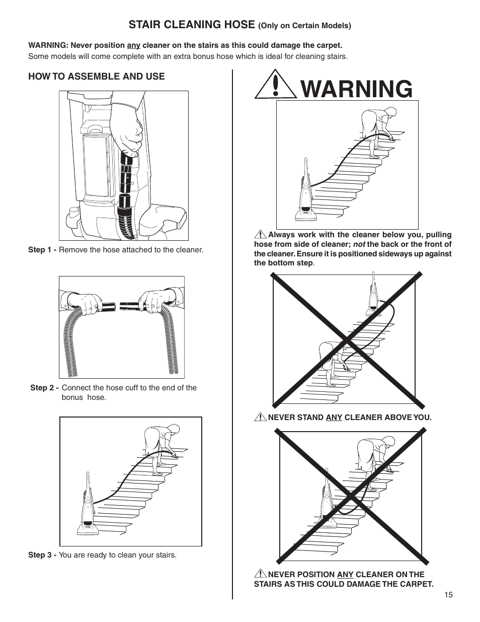 Warning, Stair cleaning hose | Electrolux Z2270-Z2290 Series User Manual | Page 15 / 17