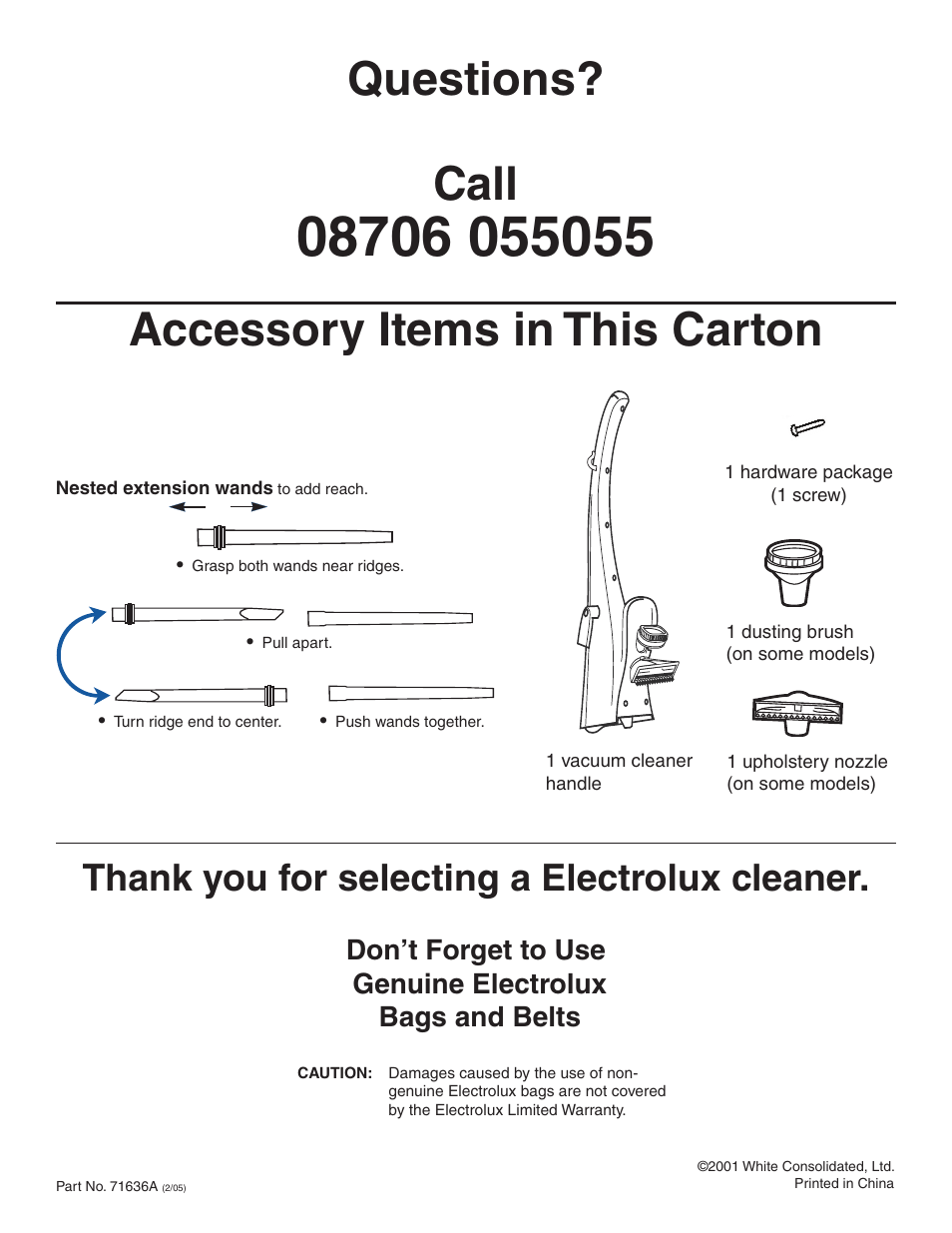 Accessory items in this carton questions? call | Electrolux Z2270-Z2290 Series User Manual | Page 17 / 17