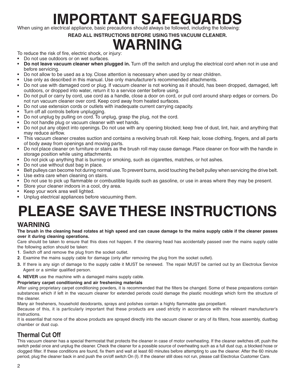 Important safeguards, Warning, Please save these instructions | Electrolux Z2270-Z2290 Series User Manual | Page 2 / 17