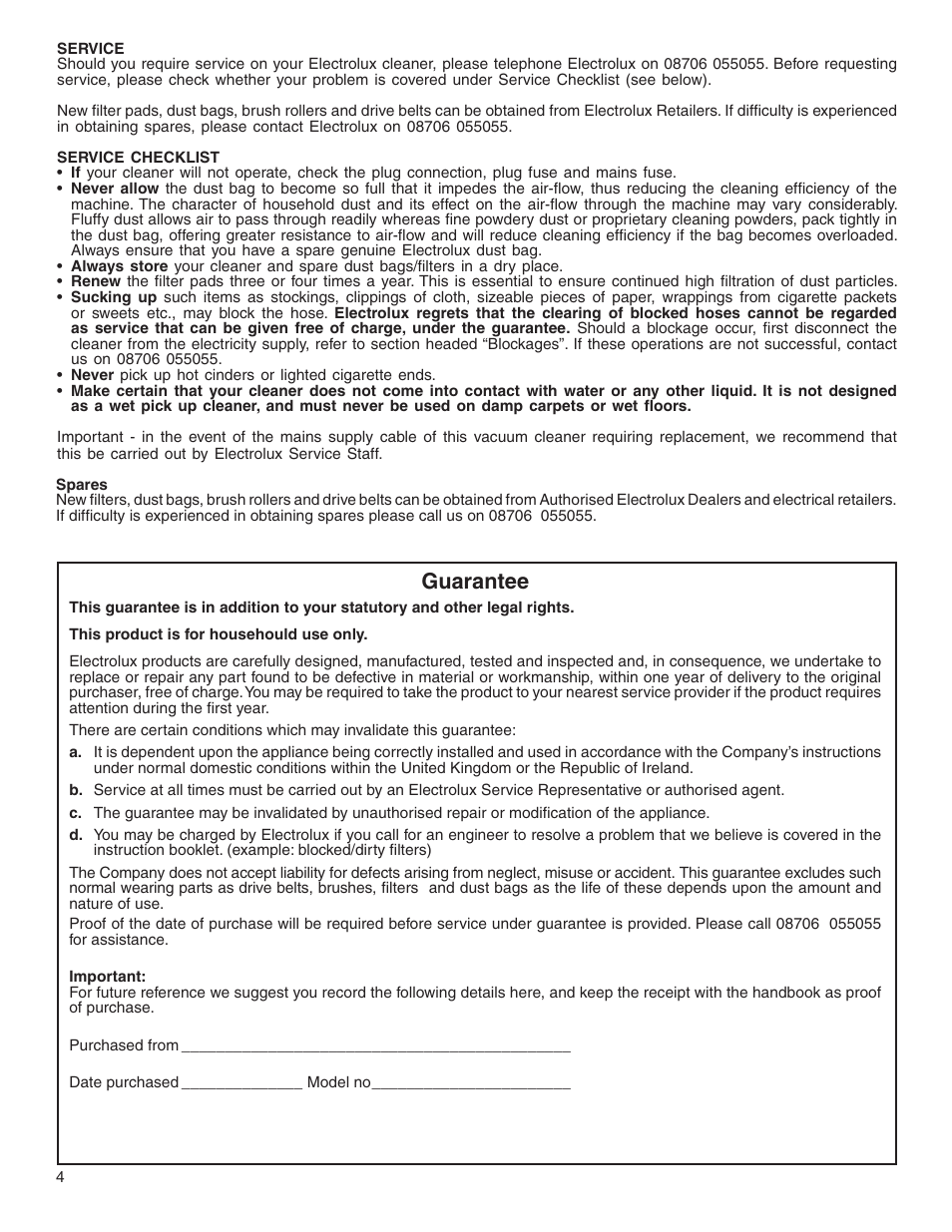 Guarantee | Electrolux Z2270-Z2290 Series User Manual | Page 4 / 17