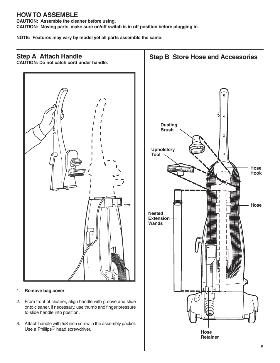 How to assemble, Step a attach handle, Step b store hose and accessories | Electrolux Z2270-Z2290 Series User Manual | Page 5 / 17