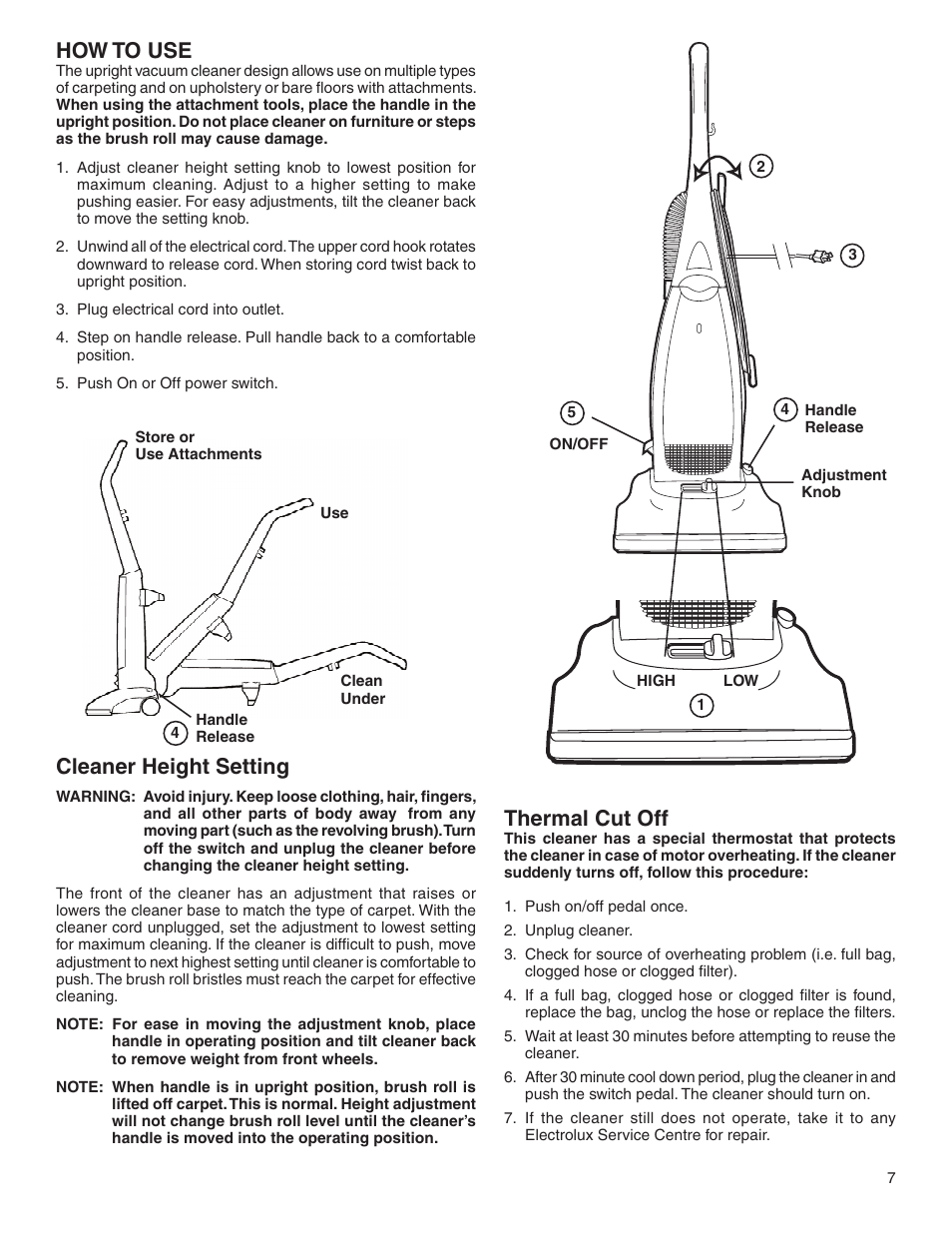 How to use, Thermal cut off, Cleaner height setting | Electrolux Z2270-Z2290 Series User Manual | Page 7 / 17