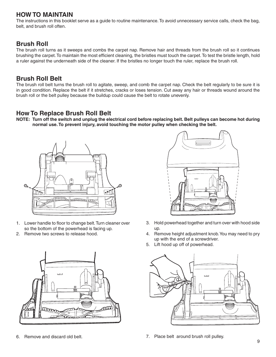 How to maintain, Brush roll, Brush roll belt | How to replace brush roll belt | Electrolux Z2270-Z2290 Series User Manual | Page 9 / 17