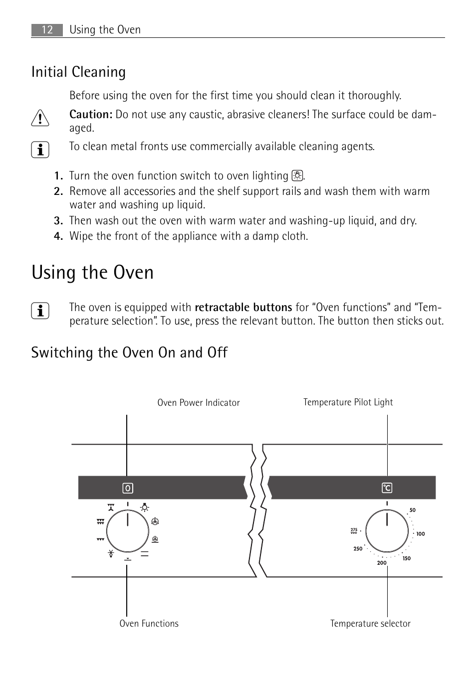 Using the oven 3, Initial cleaning, Switching the oven on and off | Electrolux B41012-5 User Manual | Page 12 / 56