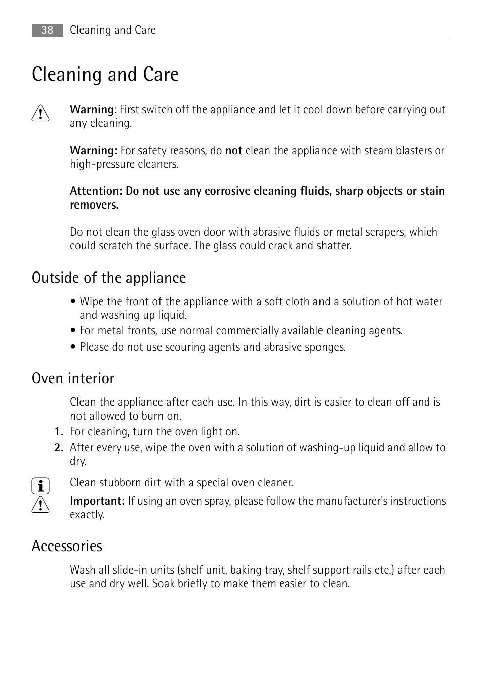 Cleaning and care 1, Outside of the appliance, Oven interior | Accessories | Electrolux B41012-5 User Manual | Page 38 / 56