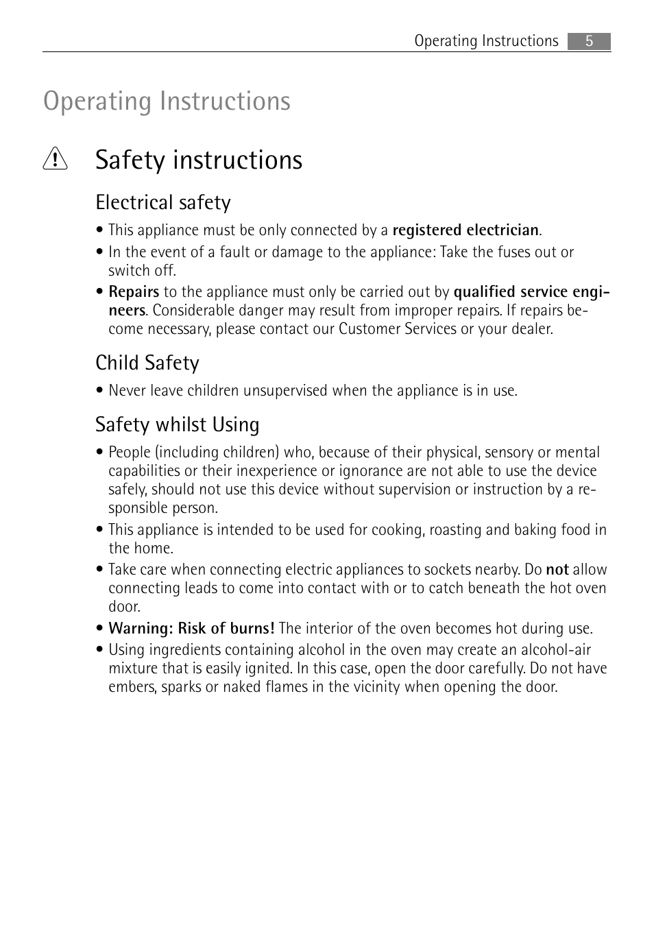 Operating instructions 1 safety instructions, Electrical safety, Child safety | Safety whilst using | Electrolux B41012-5 User Manual | Page 5 / 56