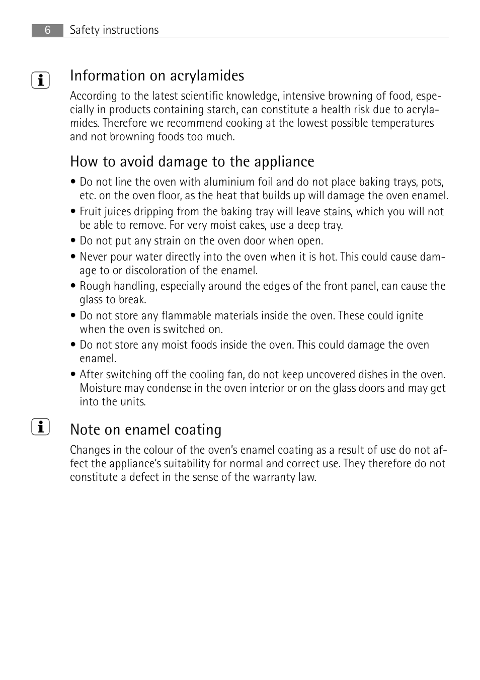 Information on acrylamides, How to avoid damage to the appliance | Electrolux B41012-5 User Manual | Page 6 / 56