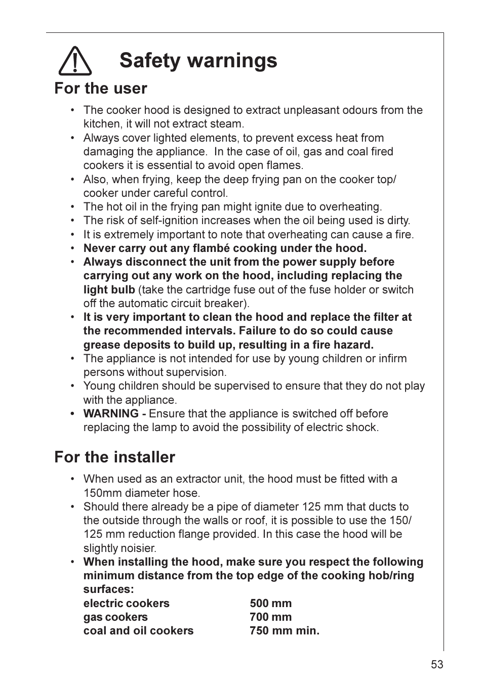 Safety warnings, For the user, For the installer | Electrolux DD 8890 User Manual | Page 3 / 20